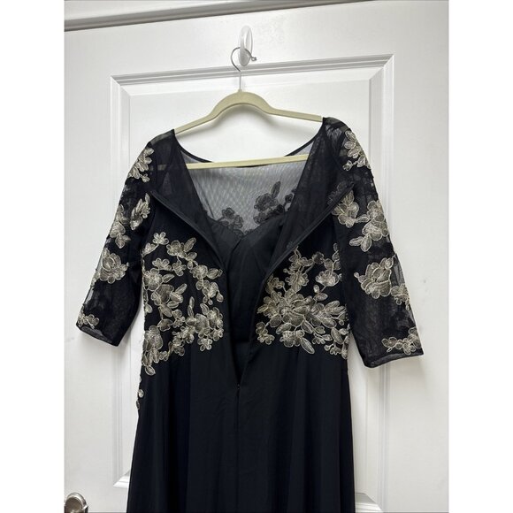Betsy & Adam Size 14 Black Gold Floral-Embroidered Mesh 3/4-Sleeve Gown Dress - Picture 6 of 9